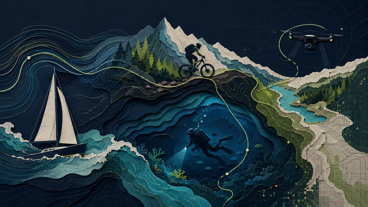 Paper-cut landscape combining sailing, mountain biking, diving and a drone