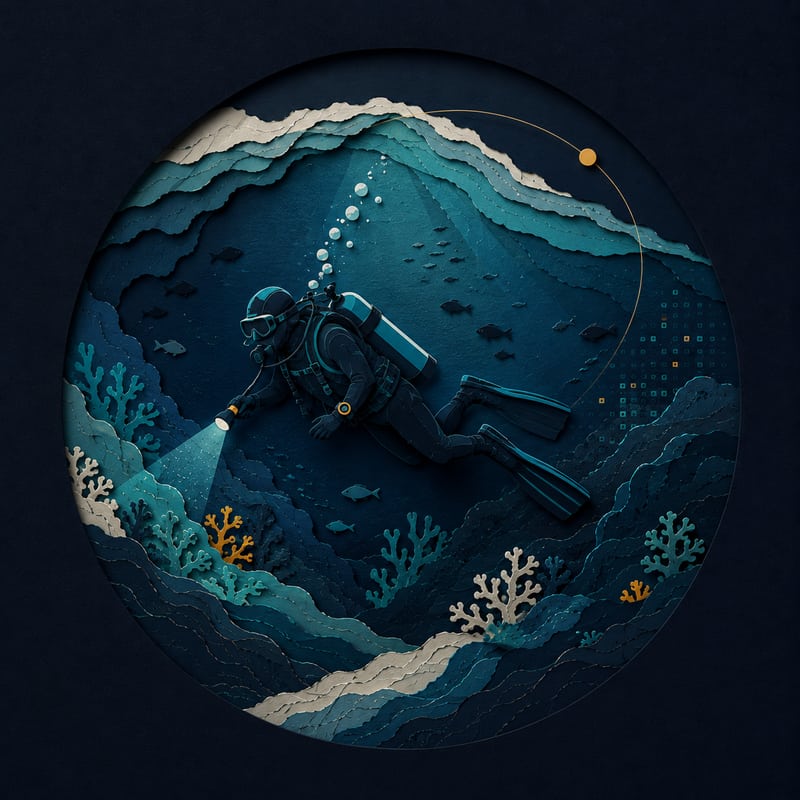 Paper-cut illustration of a scuba diver exploring beneath layered blue water