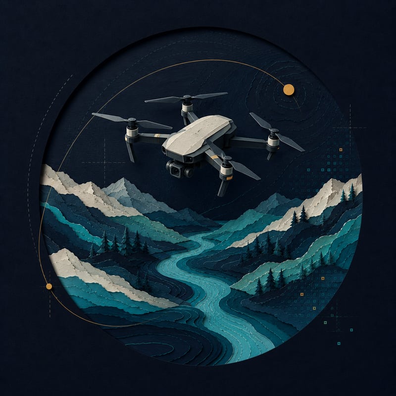 Paper-cut illustration of a camera drone above a mountain valley