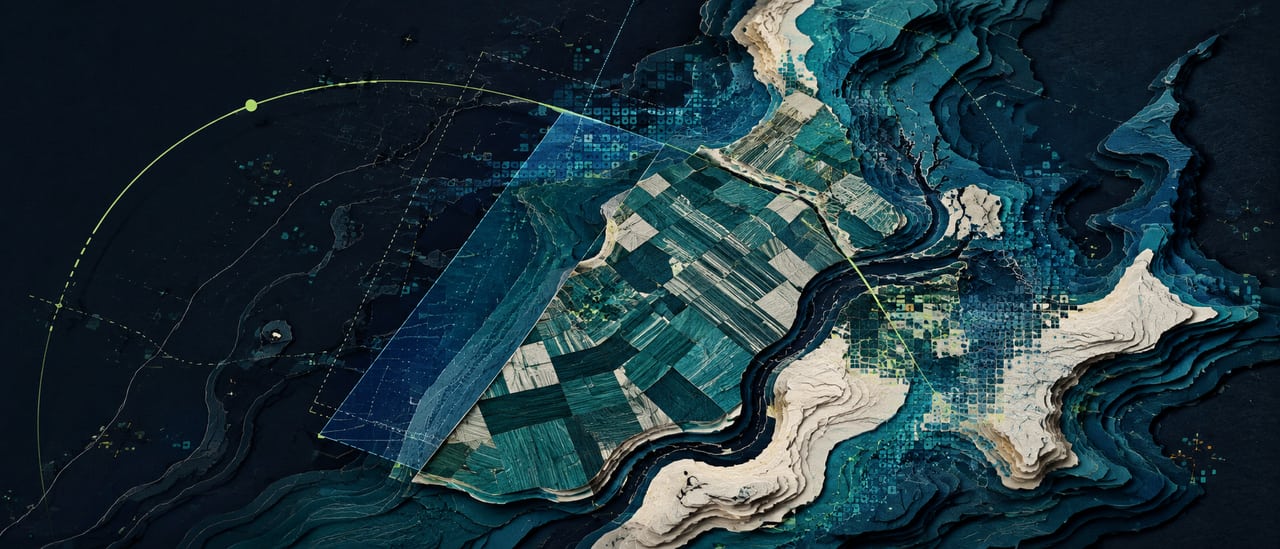 Layered Earth-observation map with fields, a river, terrain contours and a satellite footprint