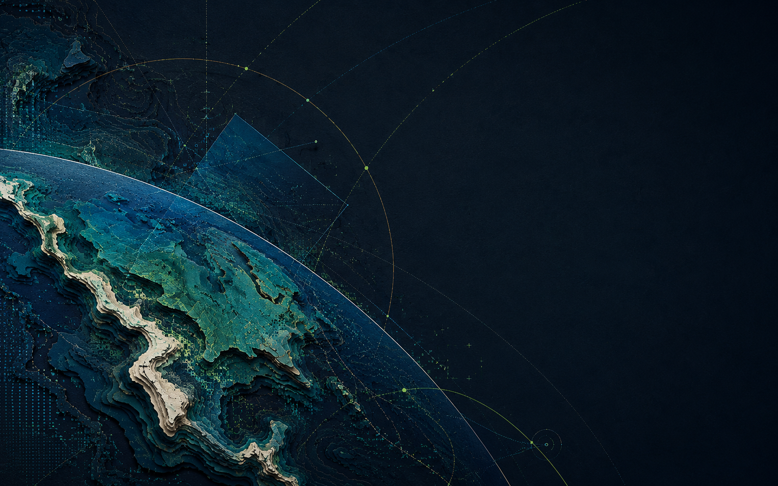 Layered paper-cut cartography of Earth with satellite observation geometry and orbital paths