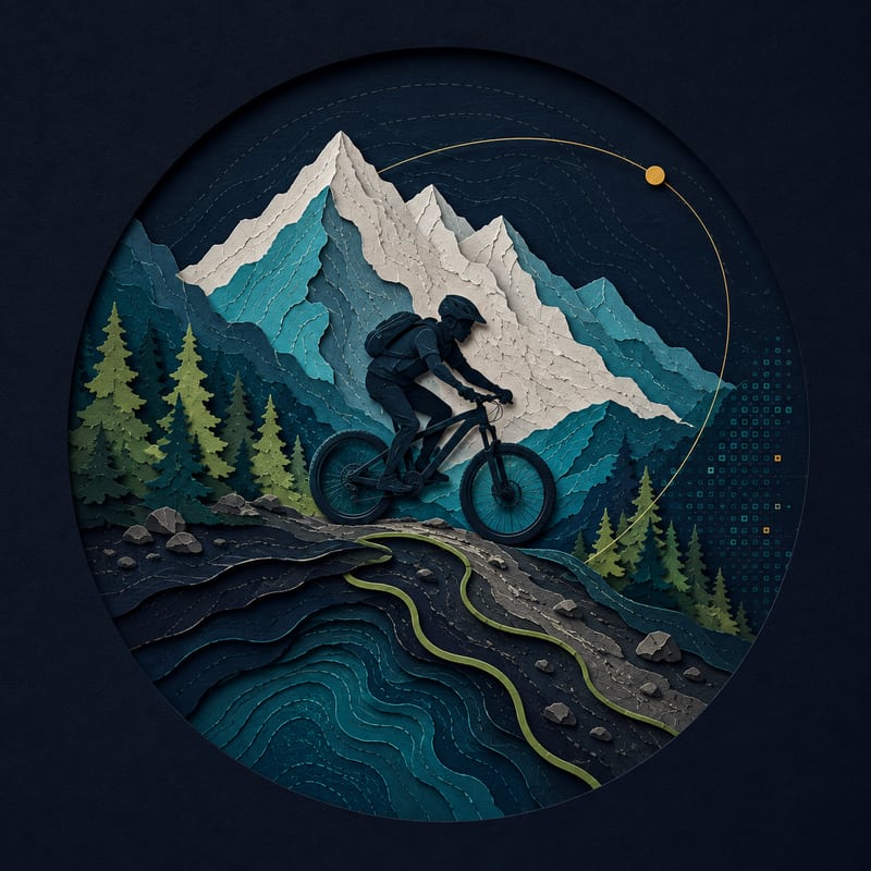 Paper-cut illustration of a mountain biker descending through alpine terrain