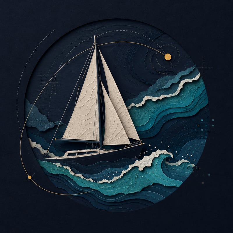 Paper-cut illustration of a sailboat moving through dark blue waves