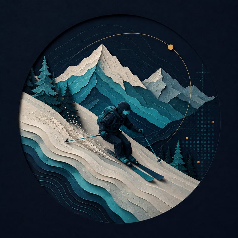 Paper-cut illustration of a skier descending a mountain slope